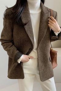 Women's Herringbone Oversized Blazer with Notch Lapels and Pockets - Maisie London