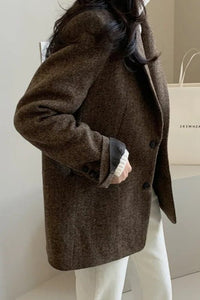 Women's Herringbone Oversized Blazer with Notch Lapels and Pockets - Maisie London