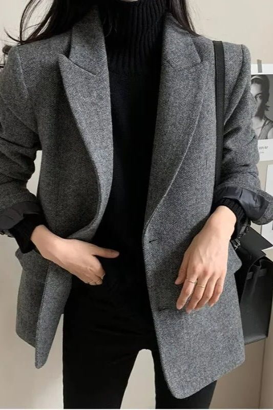 Women's Herringbone Oversized Blazer with Notch Lapels and Pockets - Maisie London
