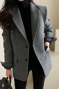 Women's Herringbone Oversized Blazer with Notch Lapels and Pockets - Maisie London