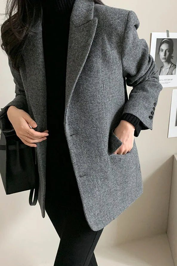 Women's Herringbone Oversized Blazer with Notch Lapels and Pockets - Maisie London