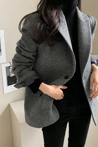 Women's Herringbone Oversized Blazer with Notch Lapels and Pockets - Maisie London
