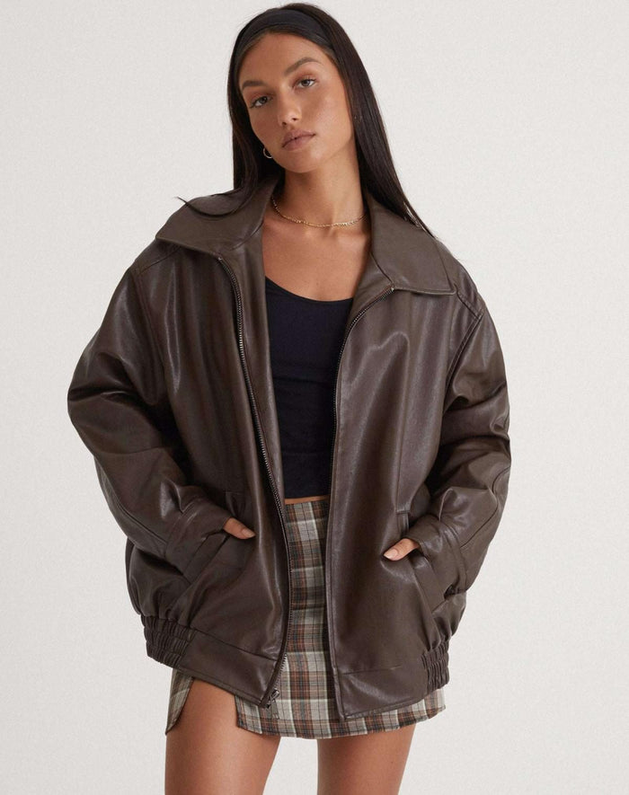 Women's Faux Leather Oversized Bomber Jacket with Zip Front and Collar - Maisie London