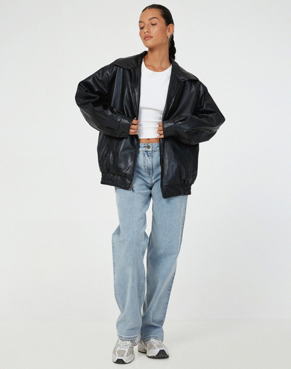 Women's Faux Leather Oversized Bomber Jacket with Zip Front and Collar - Maisie London