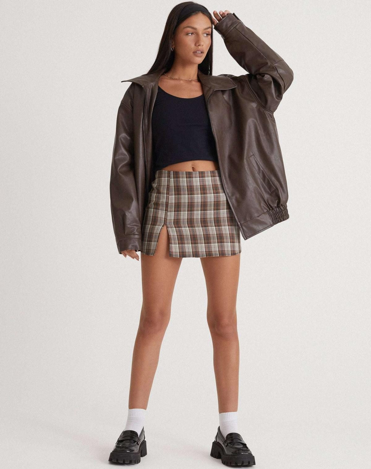 Women's Faux Leather Oversized Bomber Jacket with Zip Front and Collar - Maisie London