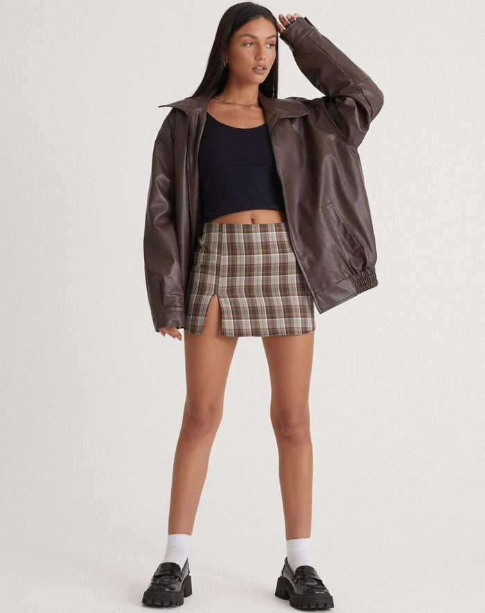 Women's Faux Leather Oversized Bomber Jacket with Zip Front and Collar - Maisie London