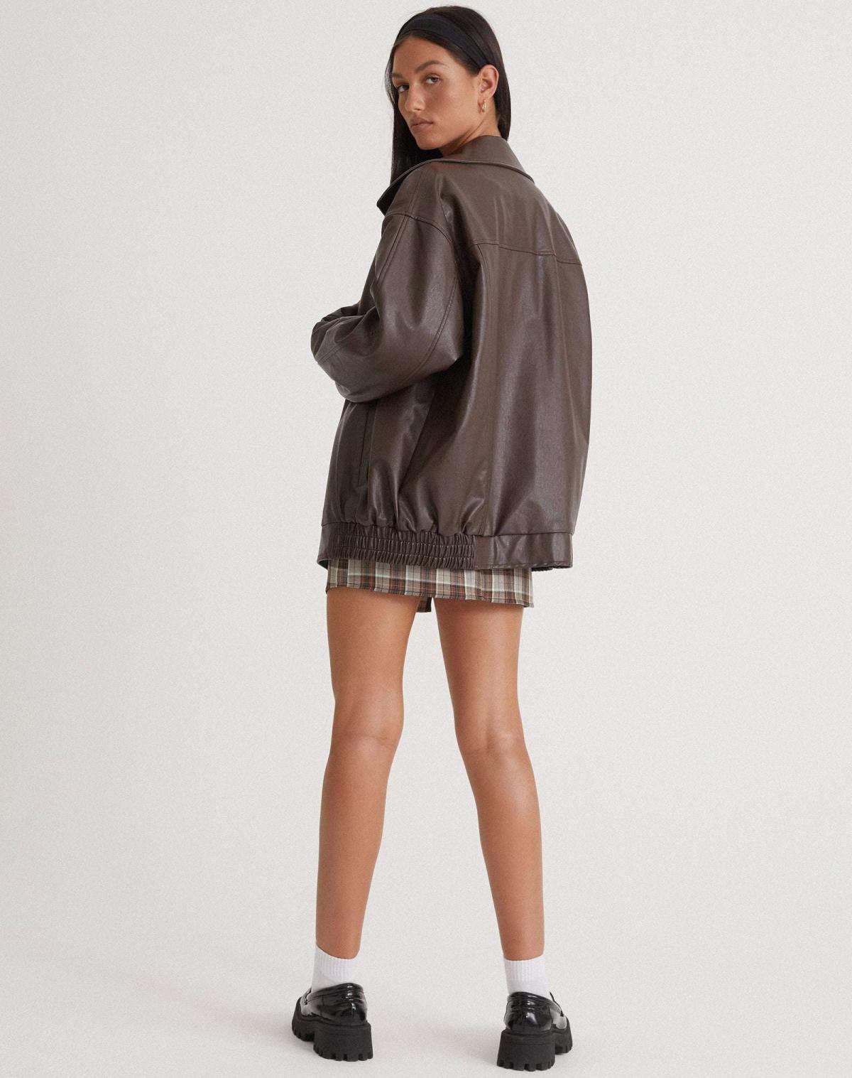 Women's Faux Leather Oversized Bomber Jacket with Zip Front and Collar - Maisie London