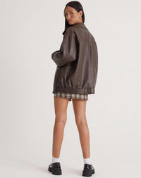 Women's Faux Leather Oversized Bomber Jacket with Zip Front and Collar - Maisie London
