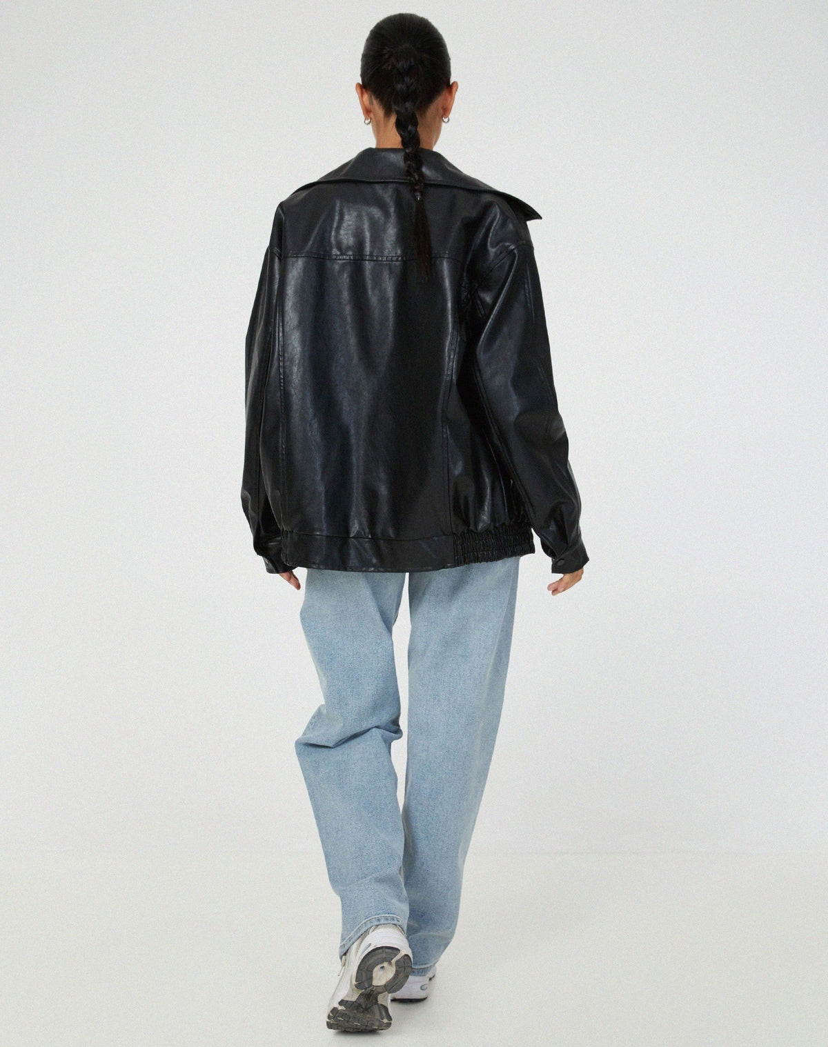 Women's Faux Leather Oversized Bomber Jacket with Zip Front and Collar - Maisie London