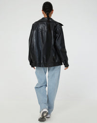 Women's Faux Leather Oversized Bomber Jacket with Zip Front and Collar - Maisie London