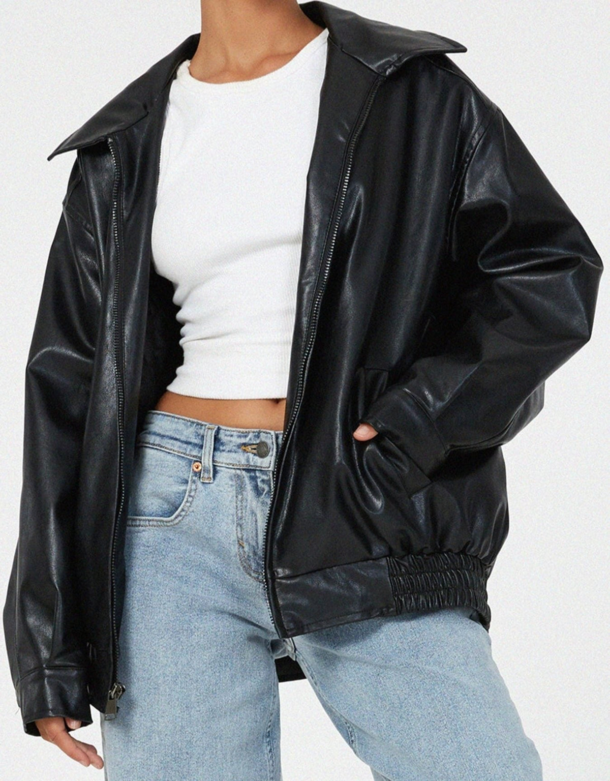 Women's Faux Leather Oversized Bomber Jacket with Zip Front and Collar - Maisie London
