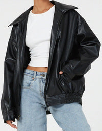 Women's Faux Leather Oversized Bomber Jacket with Zip Front and Collar - Maisie London