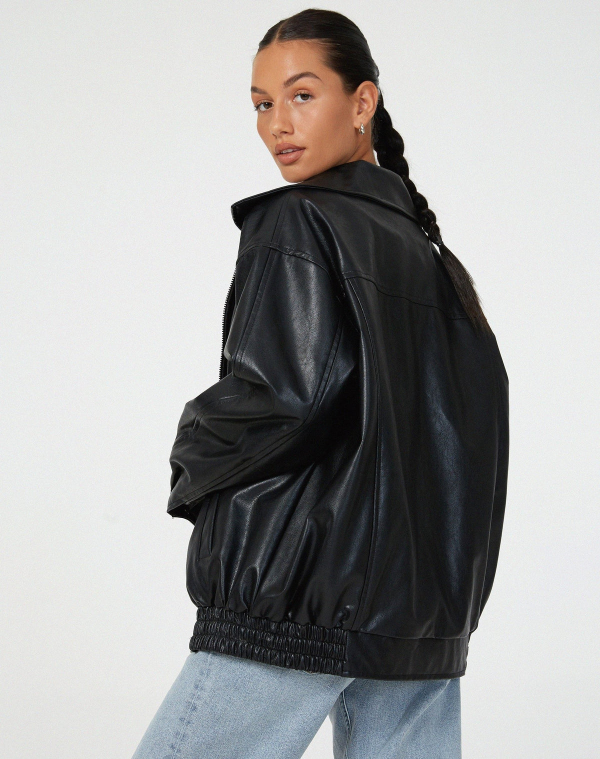 Women's Faux Leather Oversized Bomber Jacket with Zip Front and Collar - Maisie London