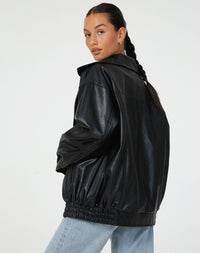 Women's Faux Leather Oversized Bomber Jacket with Zip Front and Collar - Maisie London