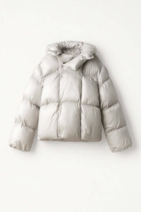 Women's Quilted Oversized Cropped Puffer Jacket with Hood - Maisie London