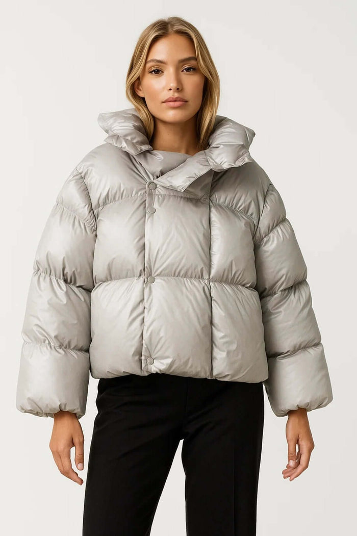 Women's Quilted Oversized Cropped Puffer Jacket with Hood - Maisie London