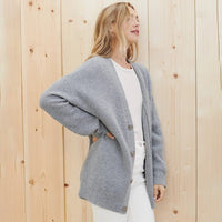 Women's Ribbed Knit Oversized Cardigan with V-Neck and Buttons - Maisie London