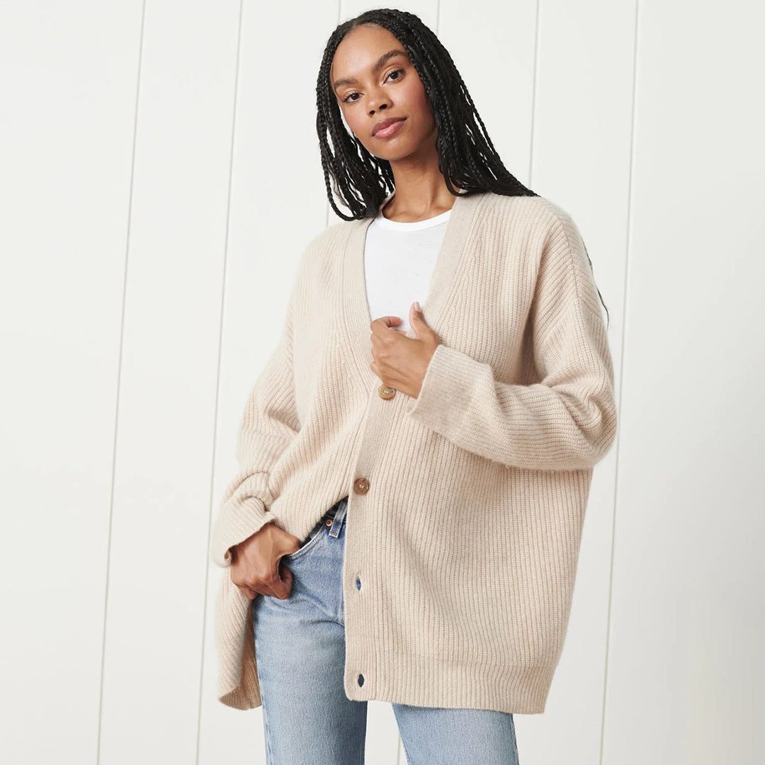 Women's Ribbed Knit Oversized Cardigan with V-Neck and Buttons - Maisie London