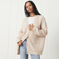 Women's Ribbed Knit Oversized Cardigan with V-Neck and Buttons - Maisie London