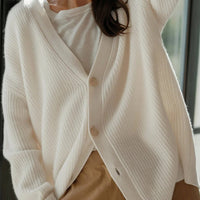 Women's Ribbed Knit Oversized Cardigan with V-Neck and Buttons - Maisie London
