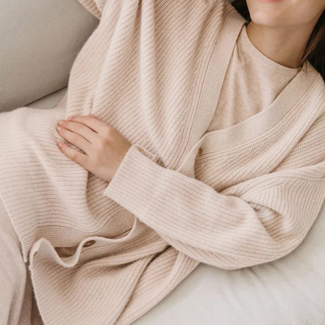 Women's Ribbed Knit Oversized Cardigan with V-Neck and Buttons - Maisie London