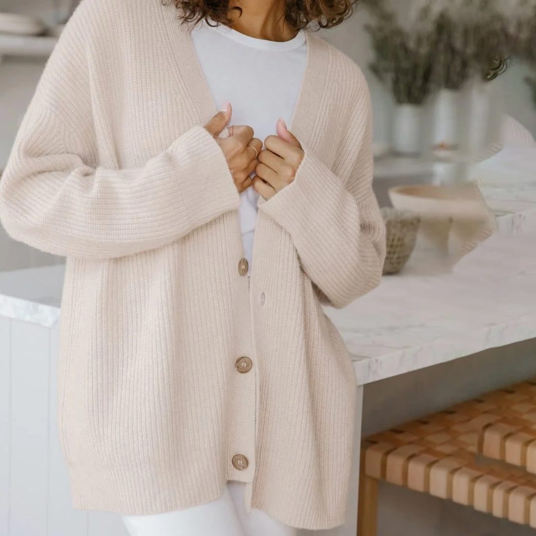 Women's Ribbed Knit Oversized Cardigan with V-Neck and Buttons - Maisie London