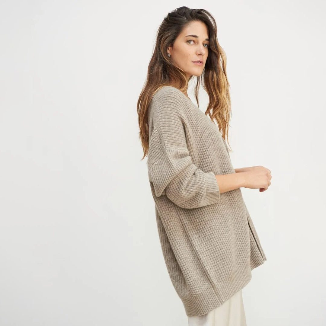 Women's Ribbed Knit Oversized Cardigan with V-Neck and Buttons - Maisie London