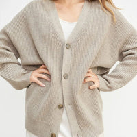 Women's Ribbed Knit Oversized Cardigan with V-Neck and Buttons - Maisie London