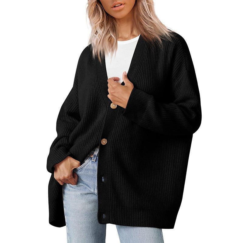 Women's Ribbed Knit Oversized Cardigan with V-Neck and Buttons - Maisie London