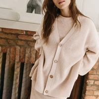 Women's Ribbed Knit Oversized Cardigan with V-Neck and Buttons - Maisie London