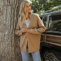 Women's Ribbed Knit Oversized Cardigan with V-Neck and Buttons - Maisie London