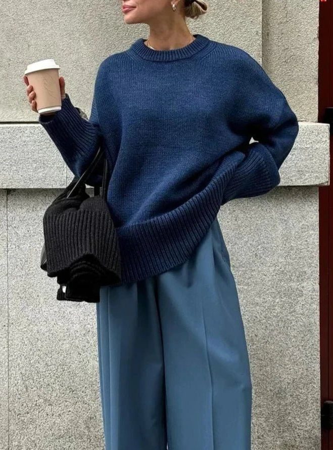 Women's Ribbed Knit Oversized Crew Neck Jumper with Split Hem - Maisie London