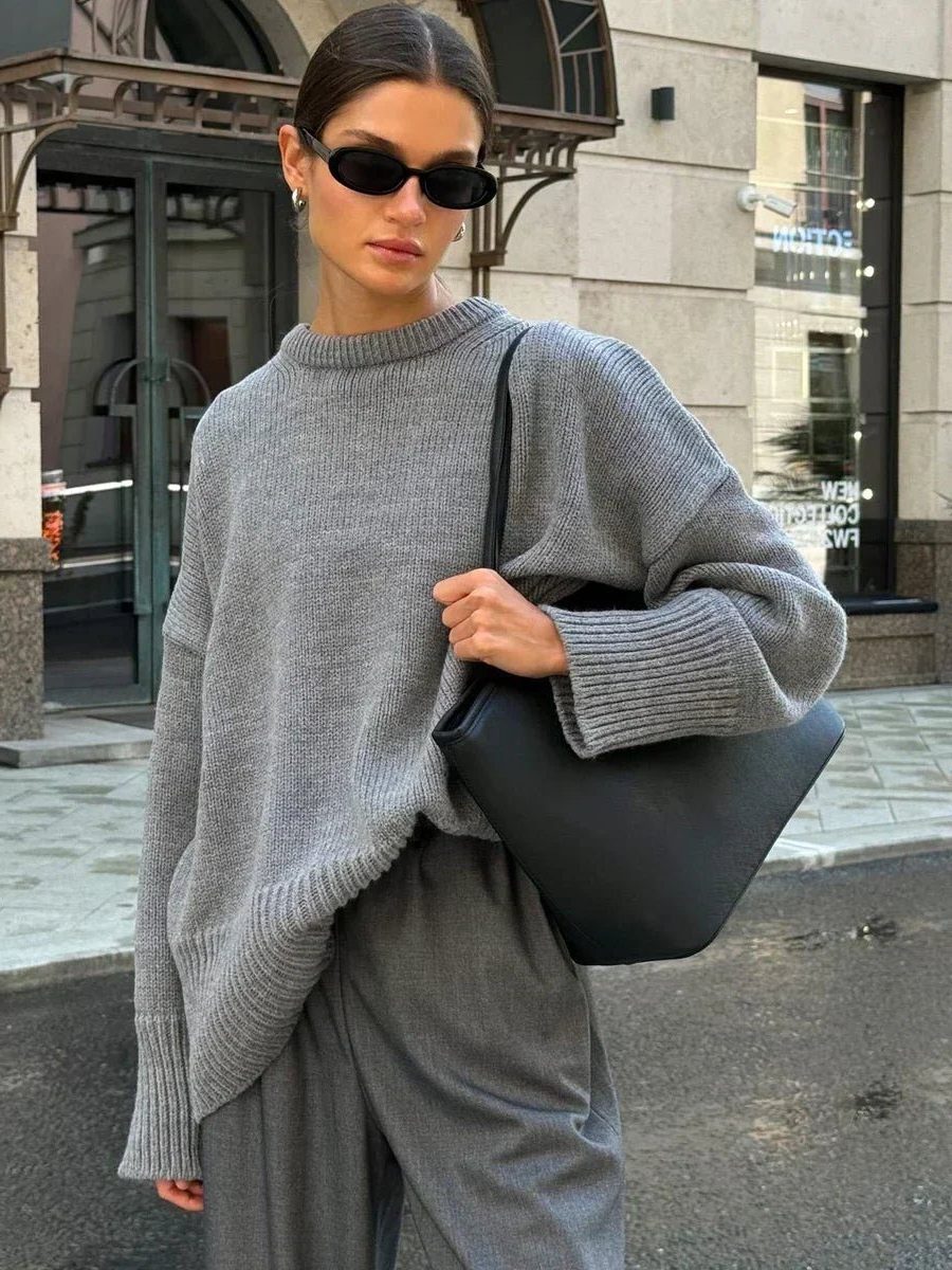 Women's Ribbed Knit Oversized Crew Neck Jumper with Split Hem - Maisie London