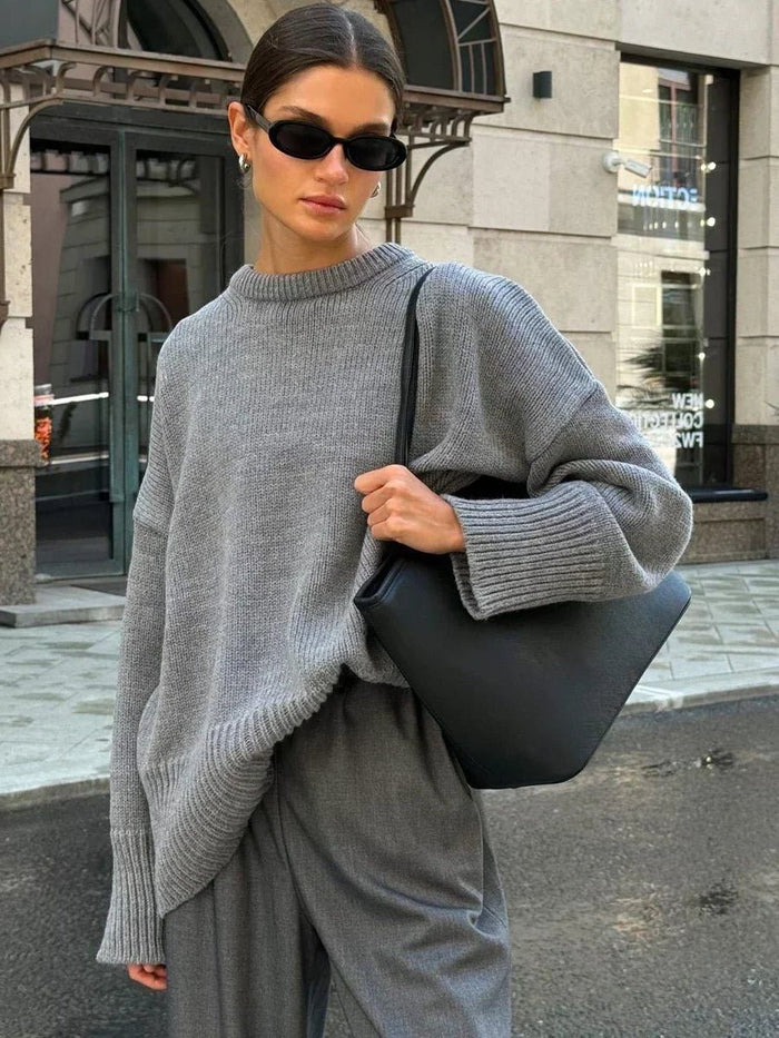 Women's Ribbed Knit Oversized Crew Neck Jumper with Split Hem - Maisie London