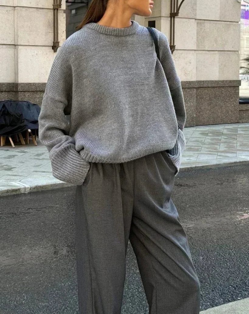 Women's Ribbed Knit Oversized Crew Neck Jumper with Split Hem - Maisie London
