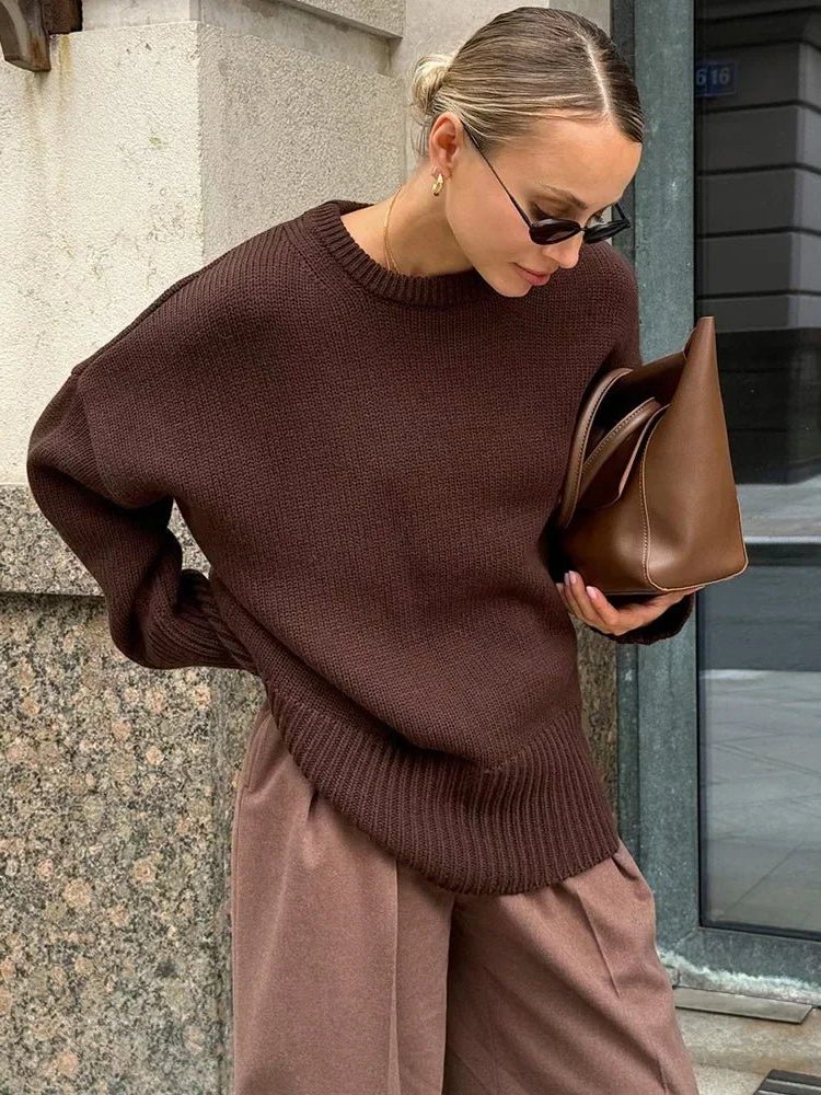 Women's Ribbed Knit Oversized Crew Neck Jumper with Split Hem - Maisie London
