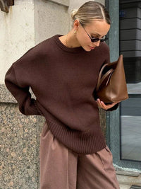 Women's Ribbed Knit Oversized Crew Neck Jumper with Split Hem - Maisie London