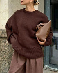 Women's Ribbed Knit Oversized Crew Neck Jumper with Split Hem - Maisie London