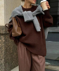 Women's Ribbed Knit Oversized Crew Neck Jumper with Split Hem - Maisie London
