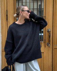 Women's Ribbed Knit Oversized Crew Neck Jumper with Split Hem - Maisie London