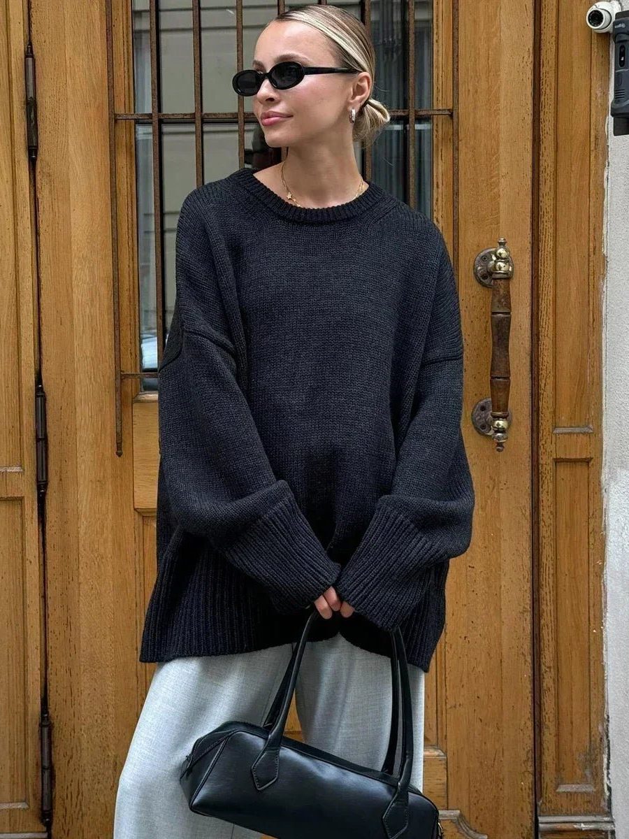 Women's Ribbed Knit Oversized Crew Neck Jumper with Split Hem - Maisie London