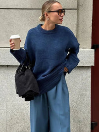 Women's Ribbed Knit Oversized Crew Neck Jumper with Split Hem - Maisie London