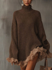 Women's Brown Ribbed Knit Mini Dress with Roll Neck and Lace Hem - Maisie London