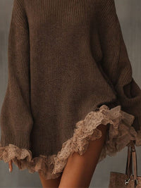 Women's Brown Ribbed Knit Mini Dress with Roll Neck and Lace Hem - Maisie London