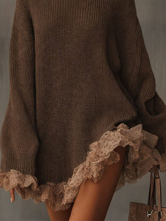 Women's Brown Ribbed Knit Mini Dress with Roll Neck and Lace Hem - Maisie London