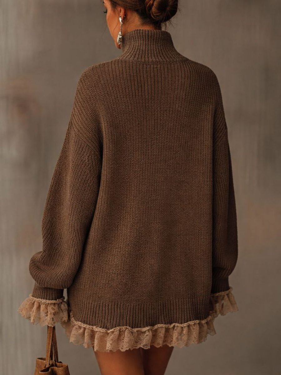 Women's Brown Ribbed Knit Mini Dress with Roll Neck and Lace Hem - Maisie London