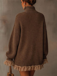 Women's Brown Ribbed Knit Mini Dress with Roll Neck and Lace Hem - Maisie London