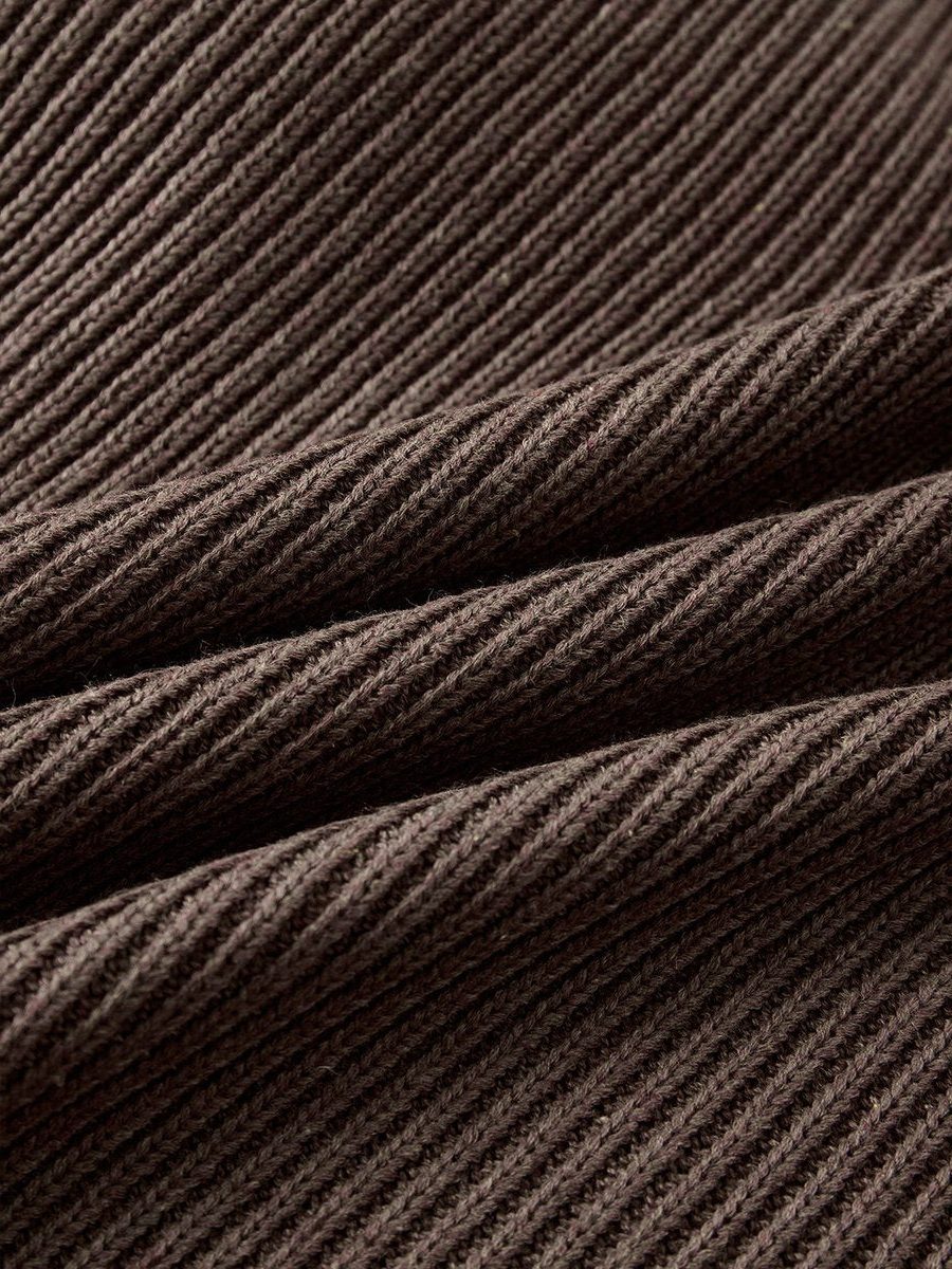Women's Brown Ribbed Knit Mini Dress with Roll Neck and Lace Hem - Maisie London