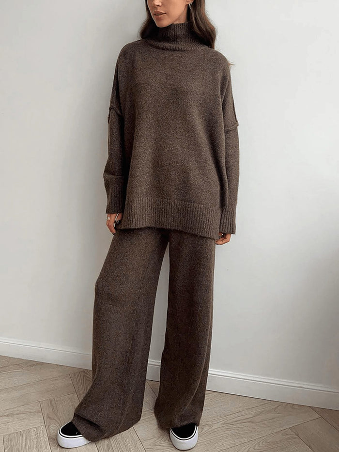Women's Knitted Roll Neck Co-ord Set with Wide-Leg Trousers - Maisie London