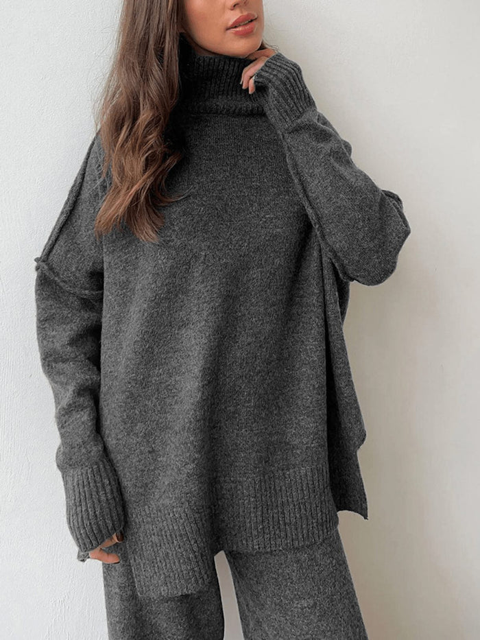 Women's Knitted Roll Neck Co-ord Set with Wide-Leg Trousers - Maisie London